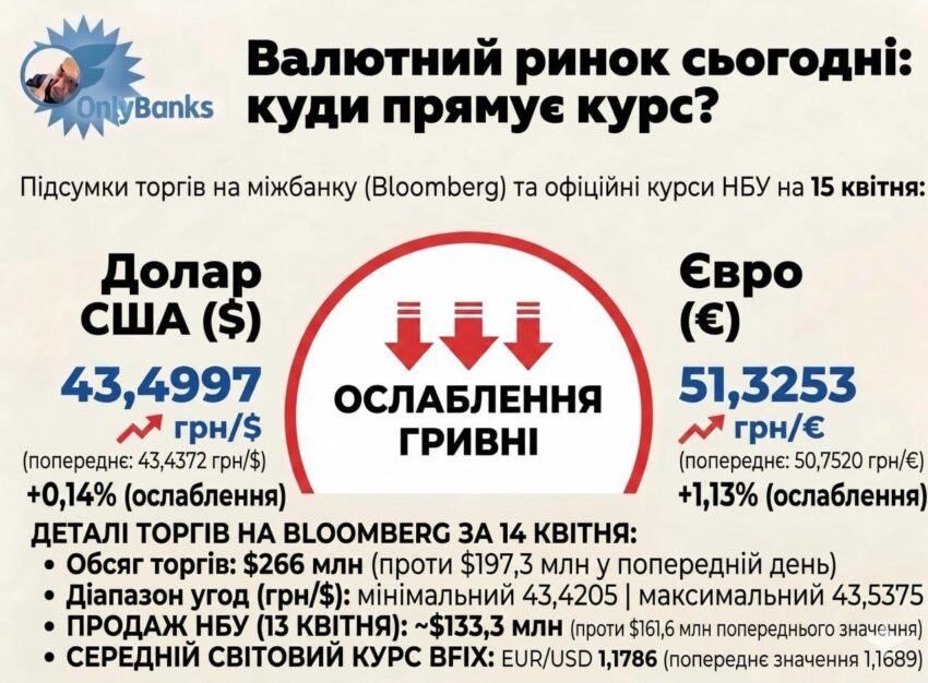 За підсумками сьогоднішніх торгів на міжбанку (майданчик Bloomberg) Нацбанк встановив на завтра, 15 квітня, такі офіційні курси:
