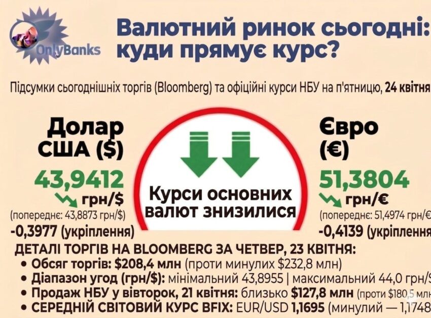 За підсумком сьогоднішніх торгів на міжбанку (майданчик Bloomberg) Нацбанк встановив на п’ятницю, 24 квітня, такі офіційні курси: