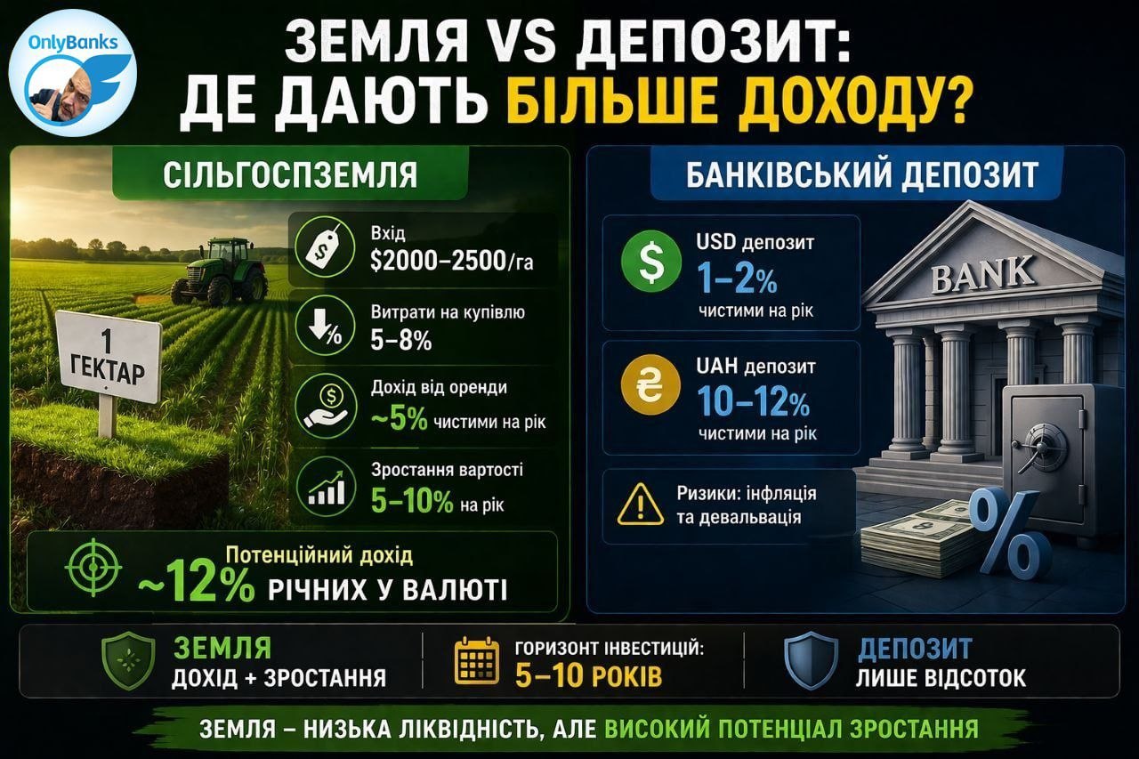 Інвестиції в сільгоспземлю: розрахунок реальної дохідності та порівняння з депозитами
