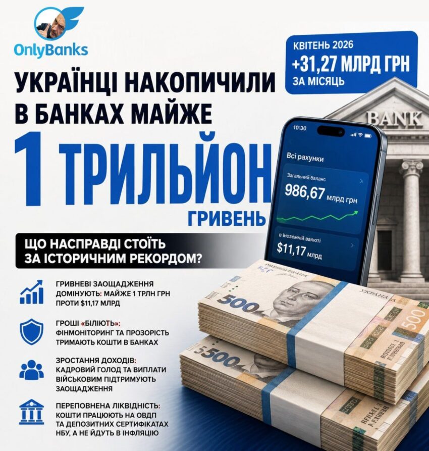 Українці накопичили в банках майже трильйон гривень.