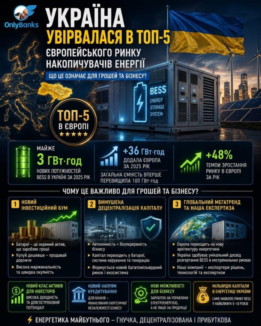 Україна увірвалася в топ-5 європейського ринку накопичувачів енергії.