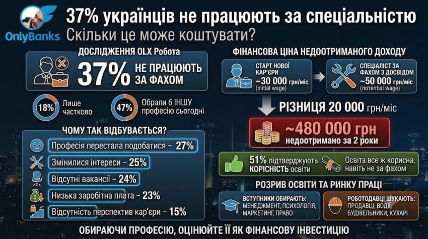 37% українців не працюють за спеціальністю.