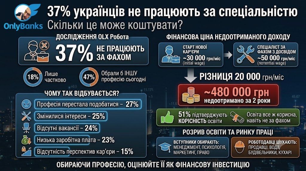 37% українців не працюють за спеціальністю.