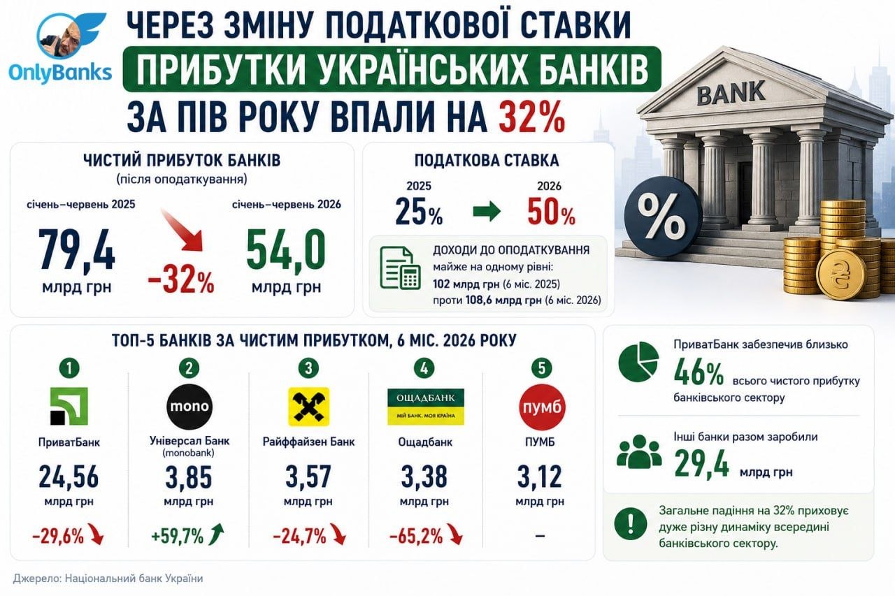Через зміну податкової ставки прибутки українських банків за пів року впали на 32%