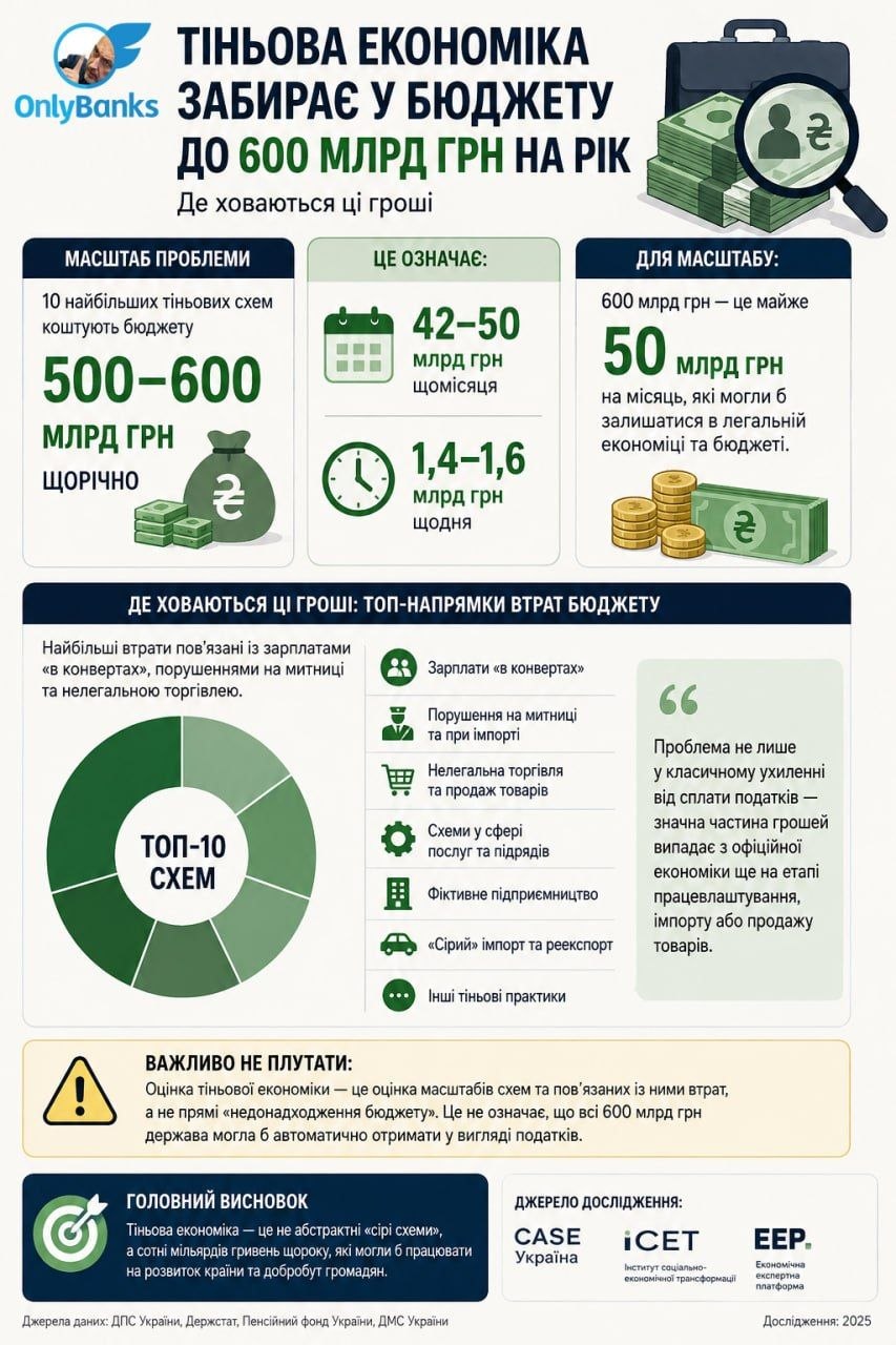 Тіньова економіка забирає у бюджету до 600 млрд грн на рік.