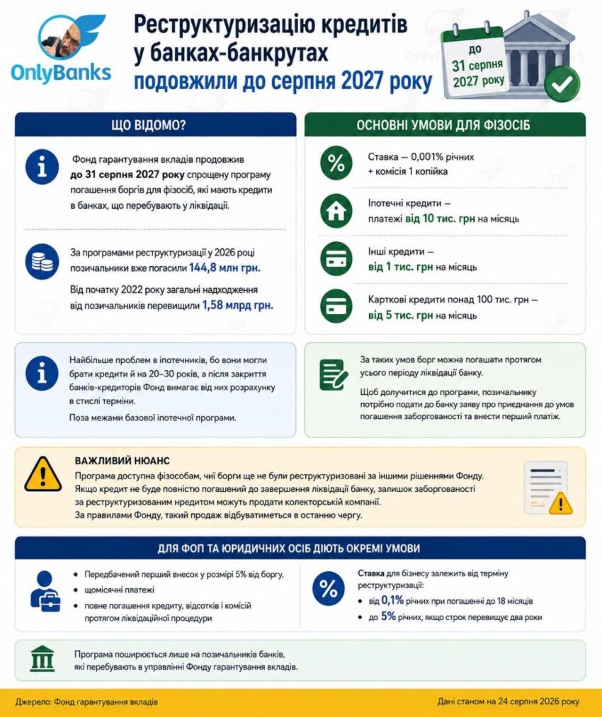 Реструктуризацію кредитів у банках-банкрутах подовжили до серпня 2027 року