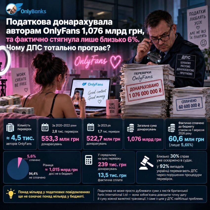 Податкова донарахувала авторам OnlyFans 1,076 млрд грн, та фактично стягнула лише близько 6%.