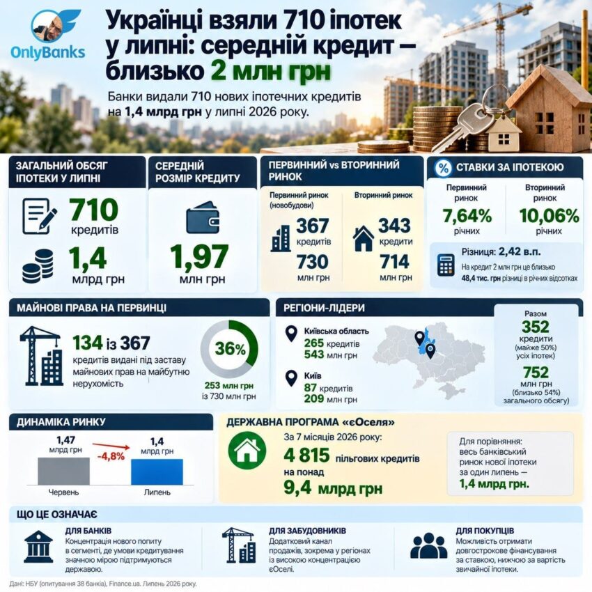Українці взяли 710 іпотек у липні: середній кредит — близько 2 млн грн
