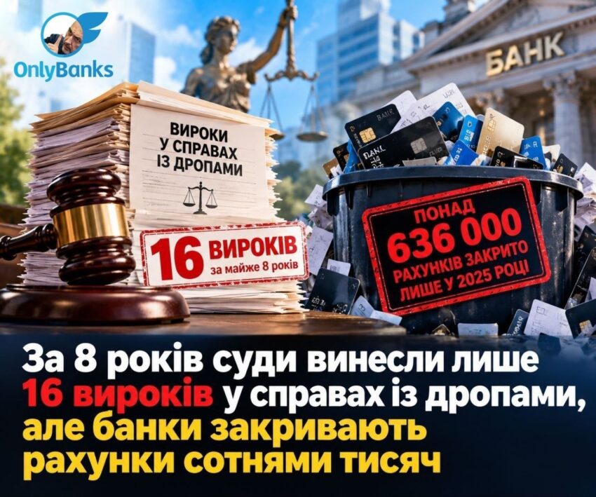 За 8 років суди винесли лише 16 вироків у справах із дропами, але банки закривають рахунки сотнями тисяч