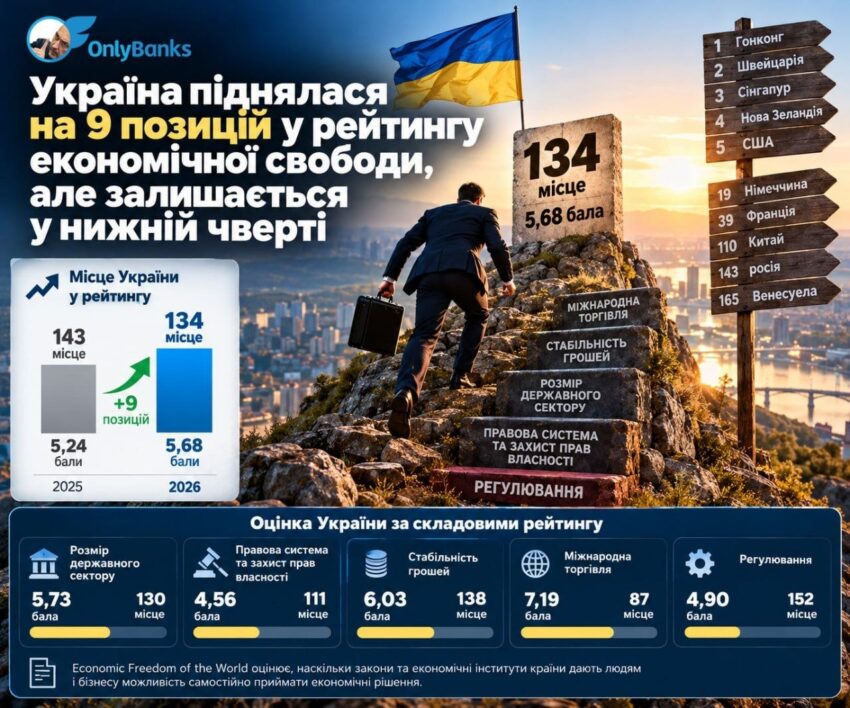 Україна піднялася на 9 позицій у рейтингу економічної свободи, але залишається у нижній чверті
