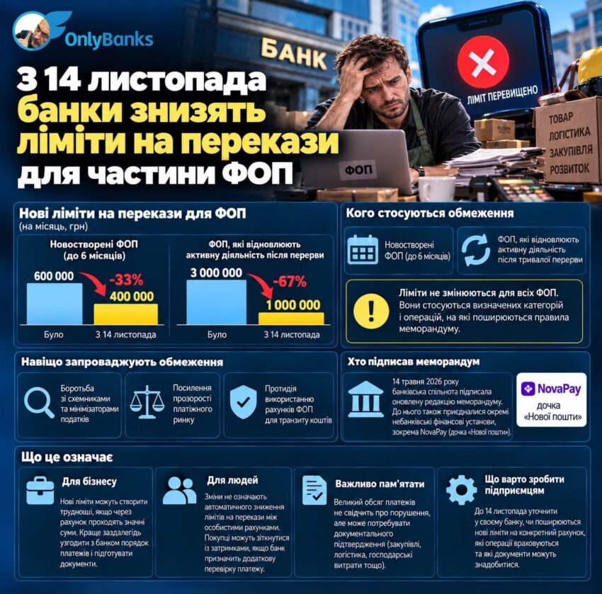 З 14 листопада банки знизять ліміти на перекази для частини ФОП