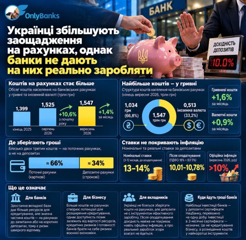 Українці збільшують заощадження на рахунках, однак банки не дають на них реально заробляти